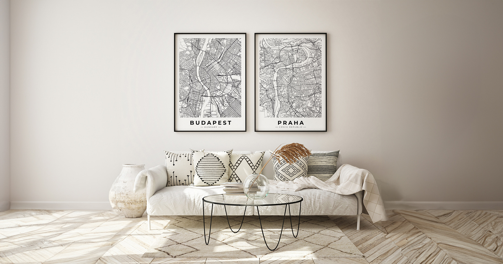 zestaw plakatów z mapą miasta jako inspiracja do salonu