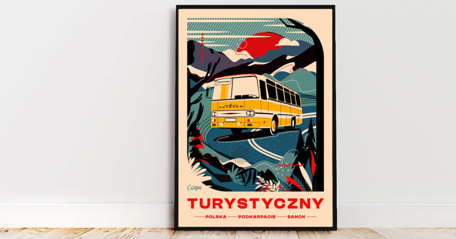 Plakat w klimacie retro przedstawiający kultowy model polskiego autobusu Autosan z czasów PRL. 