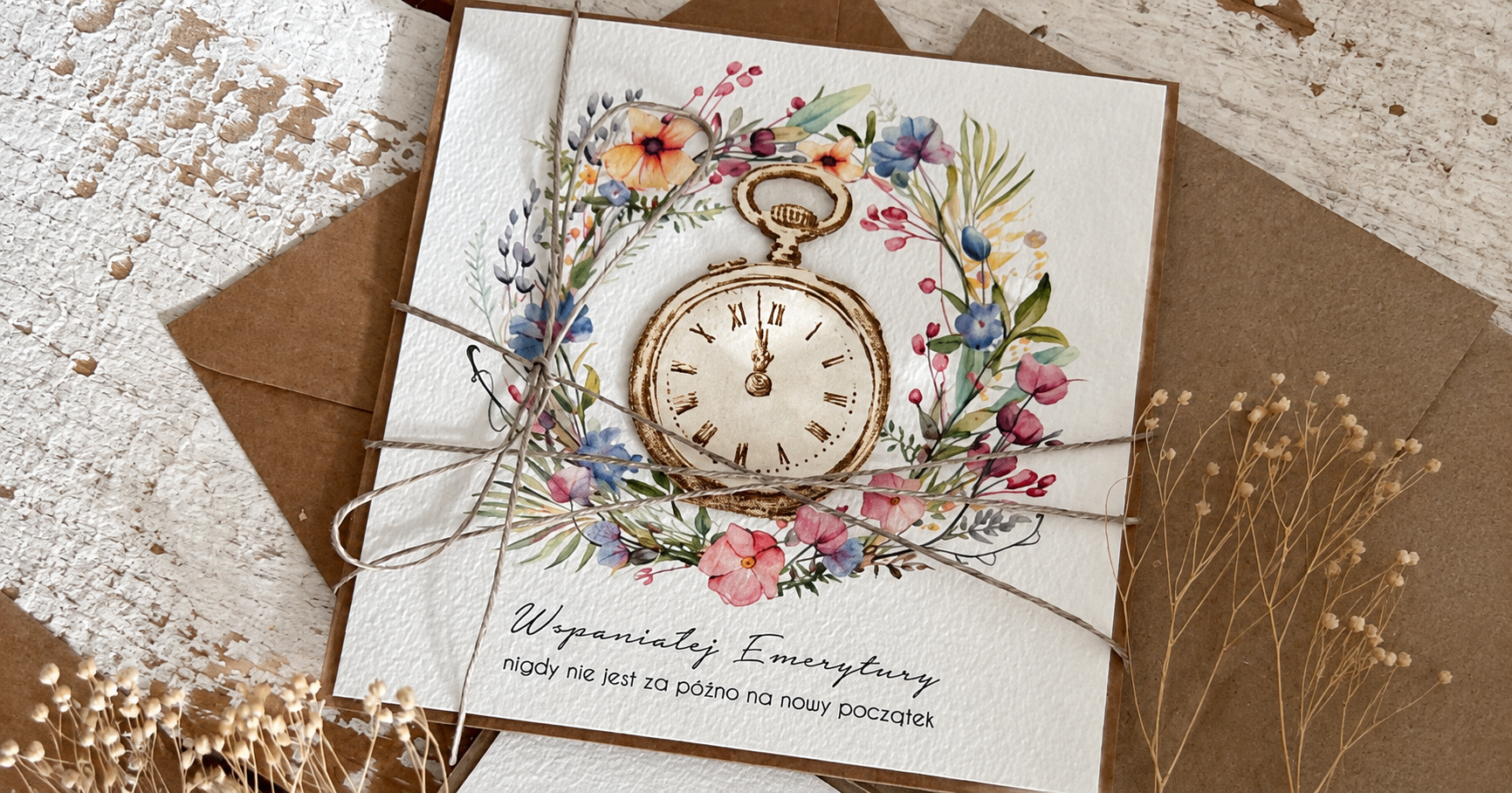 Kartka ręcznie robiona wykonana jest na bazie papieru kraftowego z użyciem starannie wyselekcjonowanego papieru bawełnianego w kolorze śmietanki z nadrukiem oraz tekturkową ozdobą. Kartka przewiązana jest lnianym sznureczkiem.
